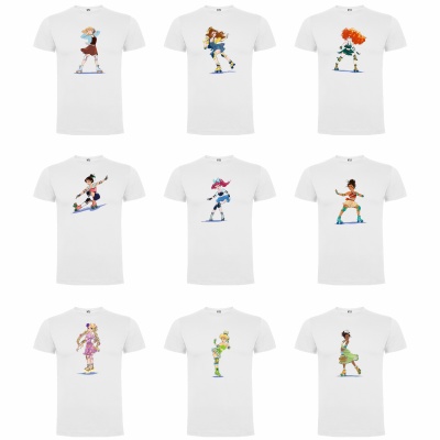 Nove t-shirts brancas com estampas coloridas de personagens femininas distintas