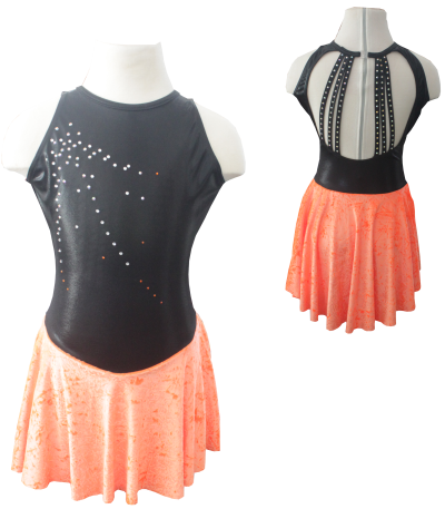 Vestido de ginástica preto com cristais e saia de renda coral