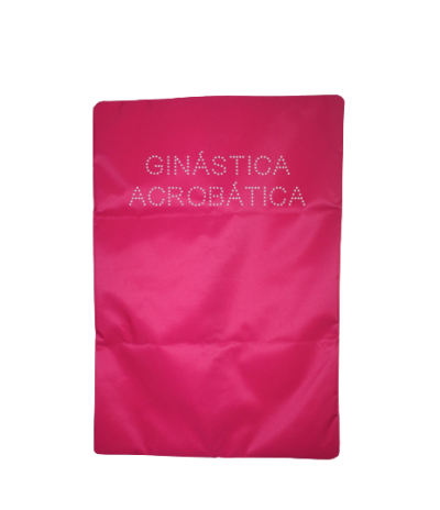 Saco rosa com texto 'GINÁSTICA ACROBÁTICA' em letras brancas