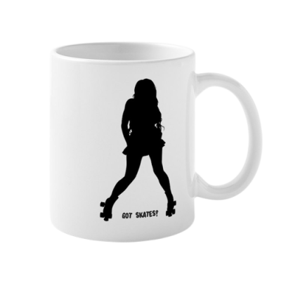 Caneca branca com silhueta preta e texto 'GOT SKATES?'