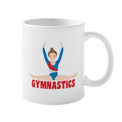 Caneca branca com ilustração de ginasta e texto 'GYMNASTICS'