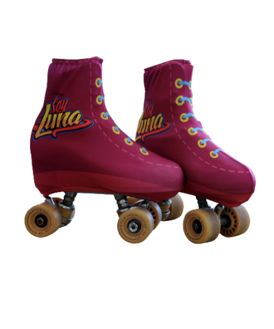 Patins com capa vermelha e textura de tecido, com rodas bege e texto Soy Luna