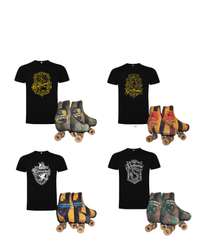 Conjuntos de t-shirts pretas com logotipos das casas de Harry Potter e patins de rodas coloridos correspondentes a cada casa