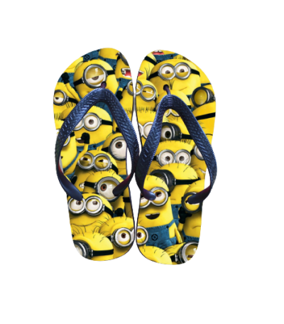 Chinelos com estampado dos Minions em amarelo e azul com tiras azuis.