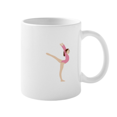 Caneca branca com desenho de ginasta em maiô cor-de-rosa