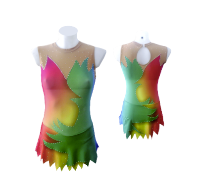 Vestido colorido de ginástica rítmica com strass e recortes irregulares