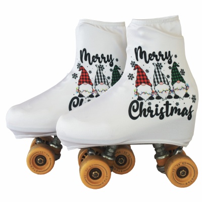 Capas para patins brancas com estampa de gnomos de Natal e texto Merry Christmas