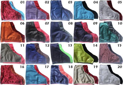 20 pares de meias coloridas e texturizadas numeradas de 01 a 20 em fundo cinza.