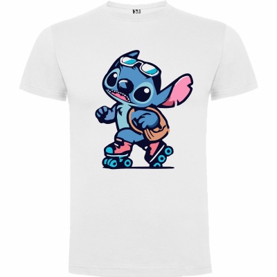 T-shirt branca com estampa de personagem azul em patins