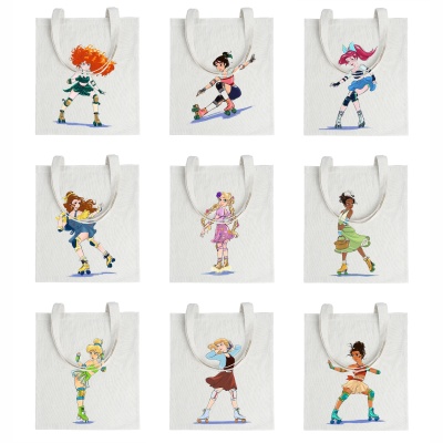Nove sacos tote brancos com ilustrações coloridas de patinadoras femininas diferentes