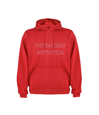 Sweatshirt vermelha com texto PATINAGEM ARTÍSTICA branco
