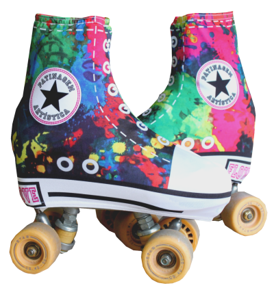 Patins de rodas clássicos com tecido multicolorido e etiquetas