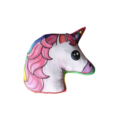 Almofada em forma de cabeça de unicórnio com crina rosa e chifre multicolorido