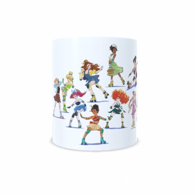 Caneca branca com personagens femininas coloridas em movimento