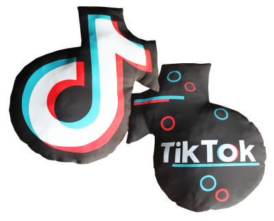 Almofadas TikTok com logo e texto colorido em fundo transparente