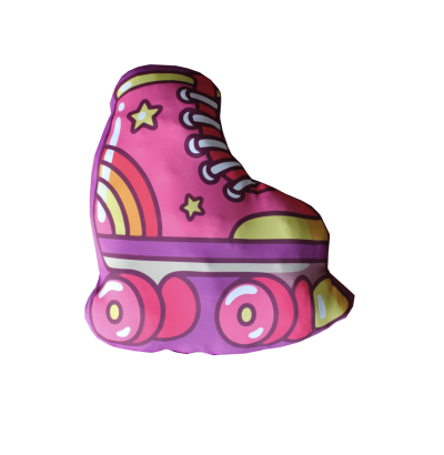 Almofada em forma de patins cor-de-rosa com estrelas e arco-íris