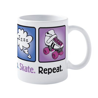 Caneca branca com imagens relacionadas a dormir, patins e texto motivacional