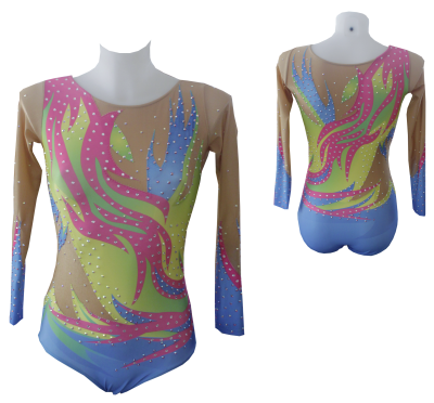 Body colorido para ginástica artística com cristais e padrão abstrato