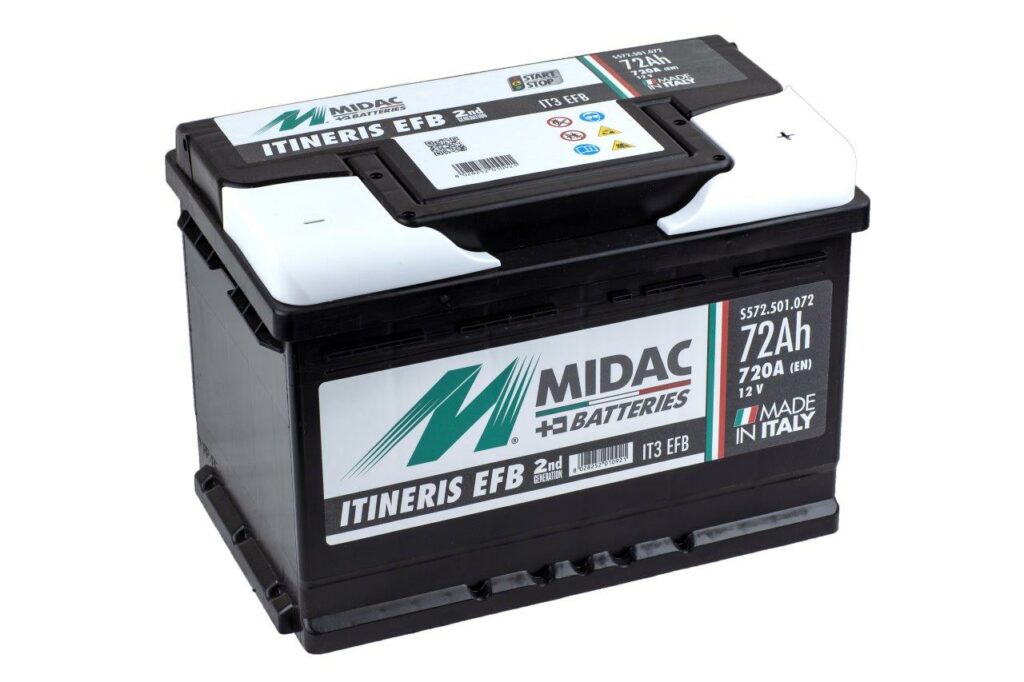Bateria automóvel MIDAC ITINERIS EFB 72Ah preta e branca