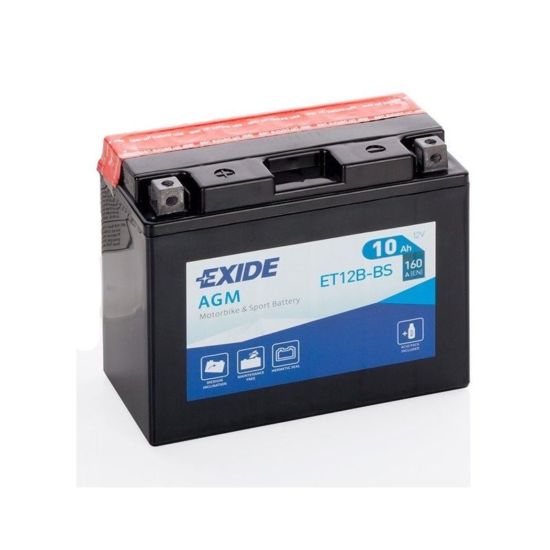 Bateria EXIDE AGM ET12B-BS preta com tampo vermelho e etiquetas azuis e brancas