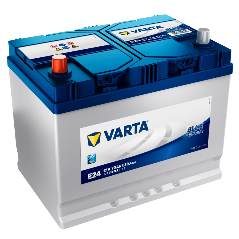 Bateria automóvel VARTA E24 azul e branco com terminais vermelho e cinzento