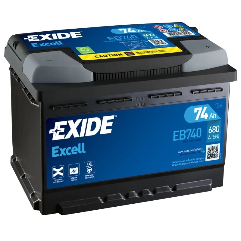Bateria automóvel preta Exide Excell 74 Ah 12 V com etiquetas azuis e cinzentas