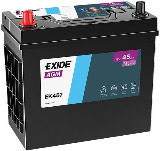 Bateria automóvel preta Exide AGM modelo EK457 com etiquetas coloridas