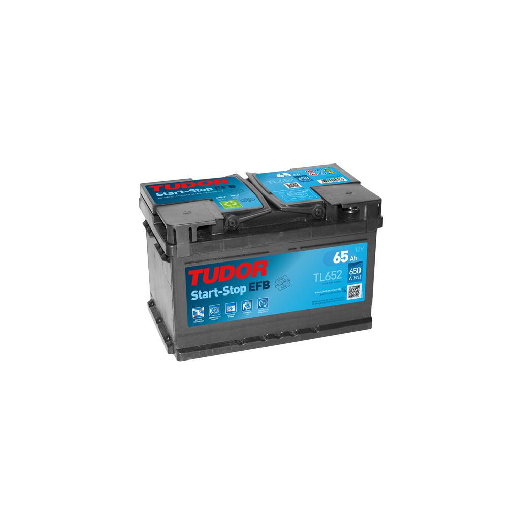 bateria automóvel TUDOR Start-Stop EFB preta com etiquetas azuis e vermelhas