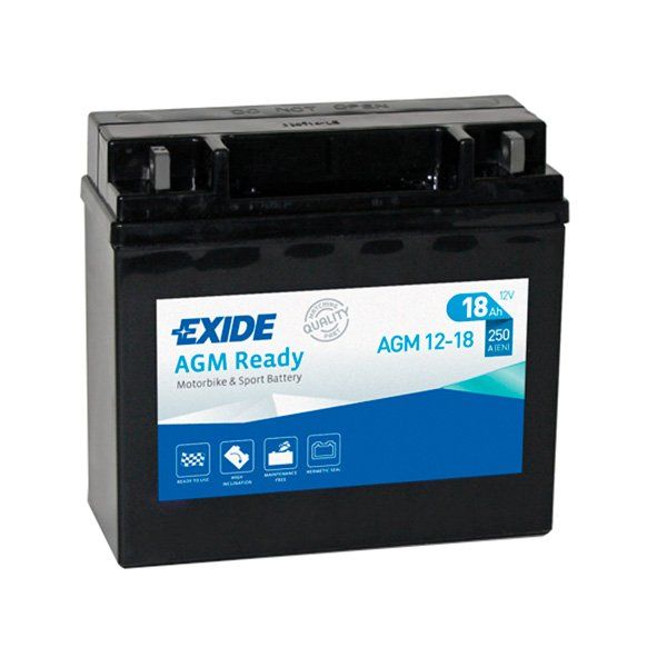 Bateria EXIDE AGM Ready preta com etiqueta azul e branca, 18Ah 12V, para motorizada