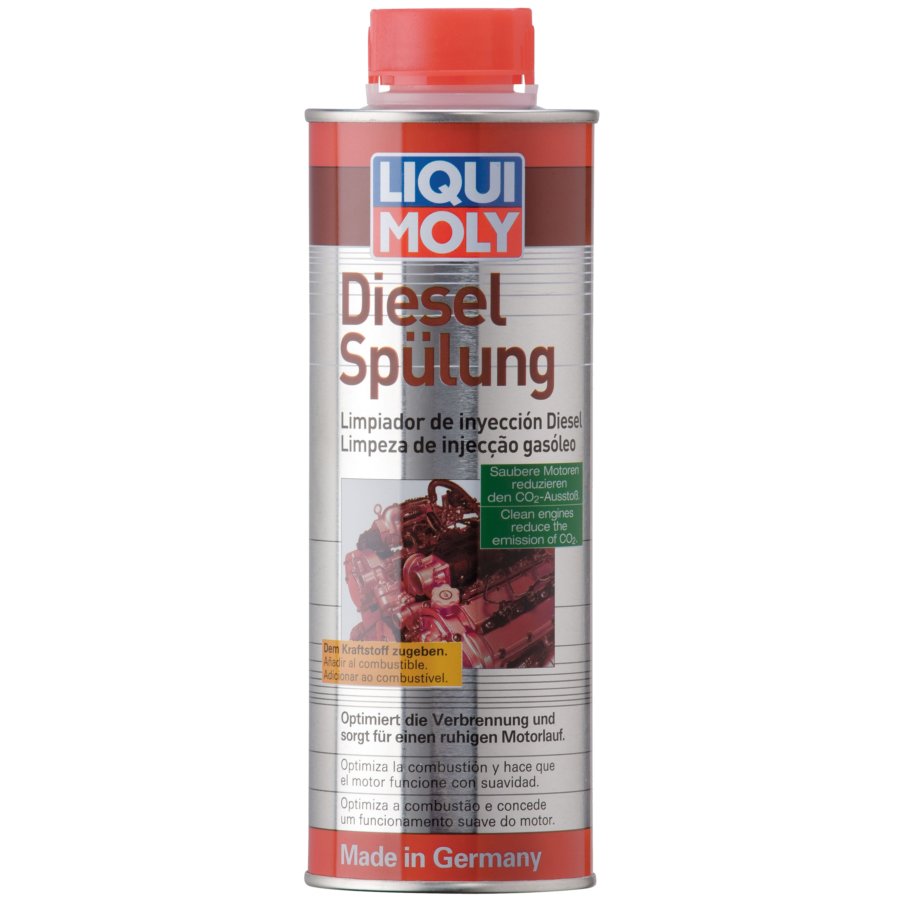 Recipiente metálico Liqui Moly Diesel Spülung com tampa vermelha e texto em várias línguas