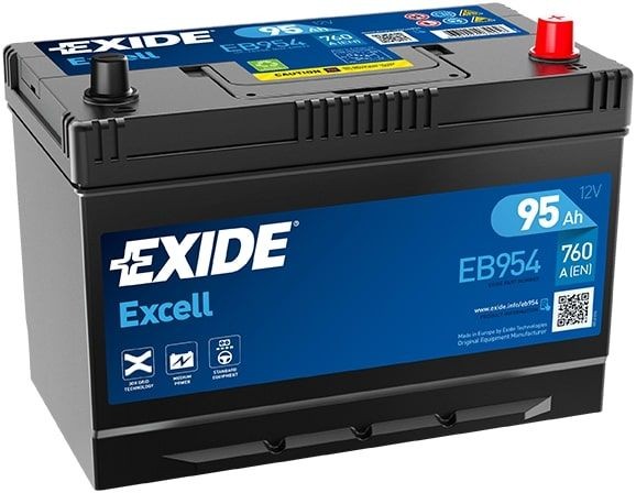 Bateria automóvel EXIDE Excell EB954 preta com etiquetas azuis e terminais vermelhos e pretos.