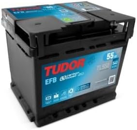 Bateria automóvel preta TUDOR modelo EFB com etiqueta azul e vermelha