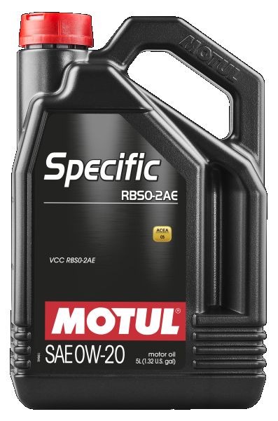 Frasco de óleo de motor Motul Specific preto com tampa vermelha e rótulo