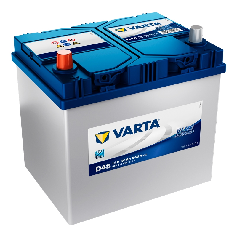 Bateria automóvel VARTA azul e branca com etiquetas e polos elétricos