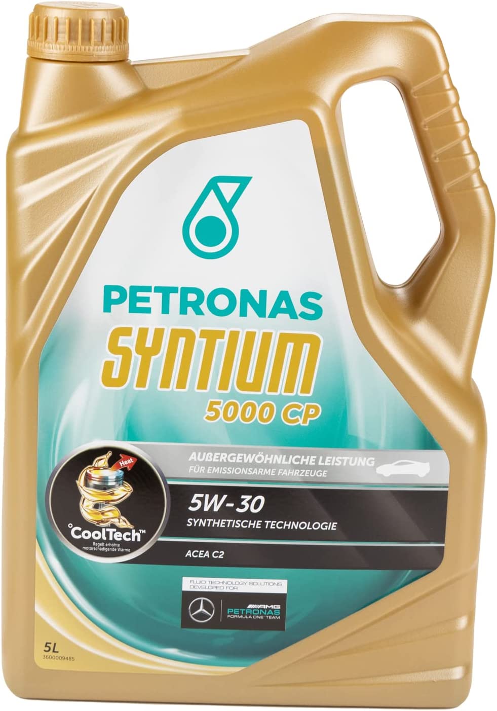 Recipiente dourado de 5L de óleo sintético PETRONAS SYNTIUM 5000 CP 5W-30.