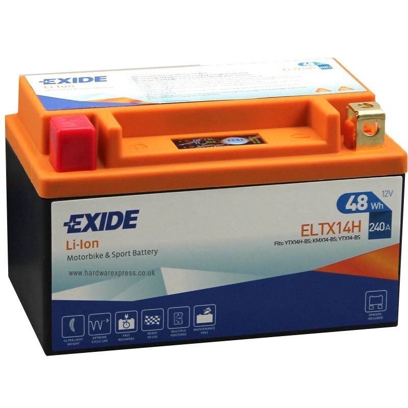 Bateria para motos Exide Li-Ion ELTX14H preta com tampa laranja e rótulo