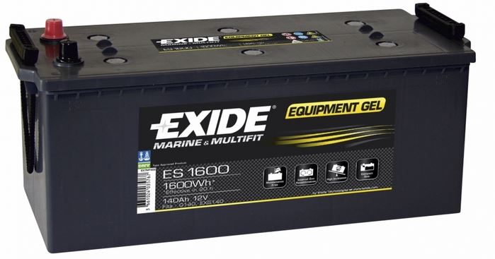 Bateria preta Exide Equipment Gel ES 1600 com etiquetas e terminais de ligação.