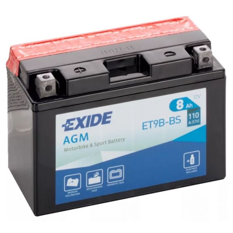 Bateria para mota EXIDE AGM ET9B-BS preta com tampa vermelha e etiqueta azul