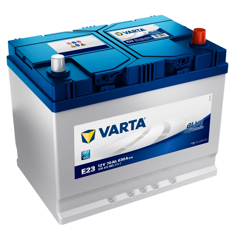 Bateria automotiva VARTA E23 12V 70Ah 630A com corpo branco e tampa azul
