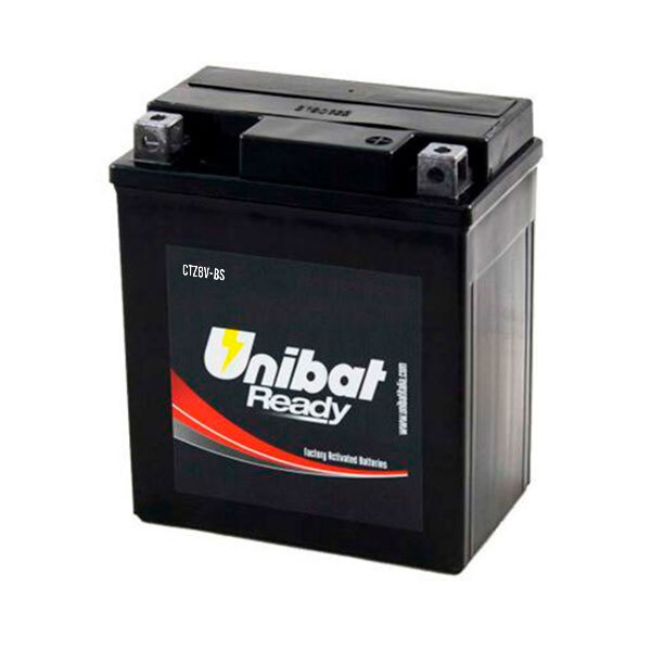 Bateria recarregável preta com etiqueta unibat Ready e terminais metálicos superiores