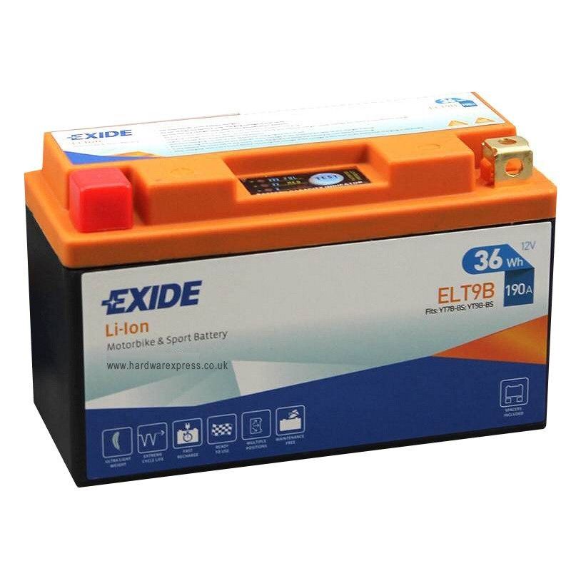Bateria Exide Li-Ion para motas e desporto, modelo ELT9B, 12V, 36Wh, 190A, caixa preta com tampa laranja