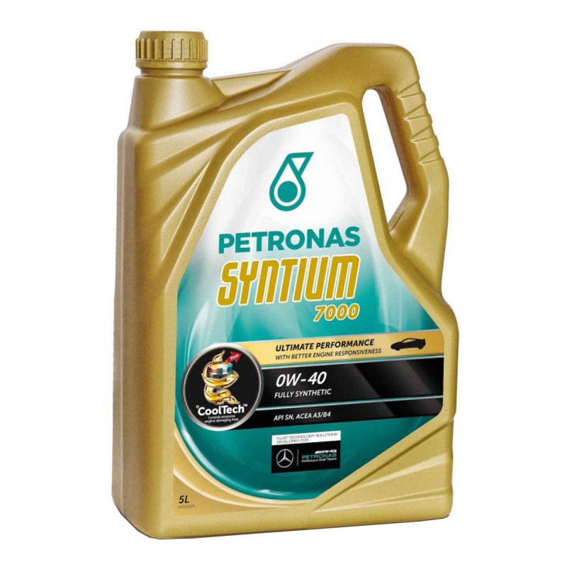 Frasco dourado de óleo motor PETRONAS 5L com etiqueta verde e preta.