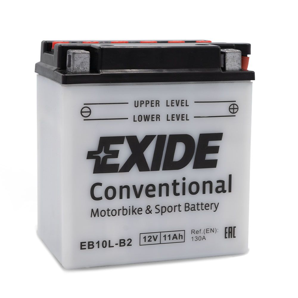 Bateria para moto Exide Conventional branca com tampa preta e texto em preto.
