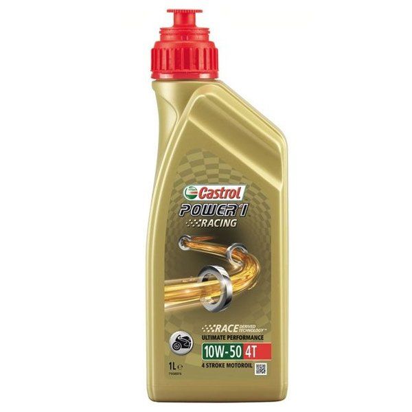Frasco dourado de óleo Castrol Power 1 Racing 10W-50 4T com tampa vermelha