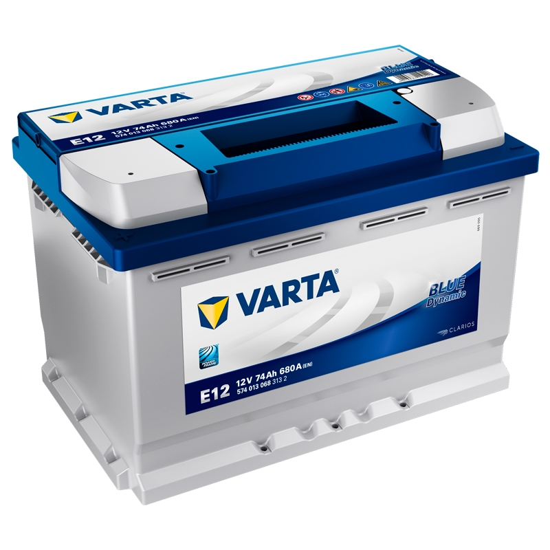Bateria automóvel VARTA E12 com tampa azul e corpo cinza
