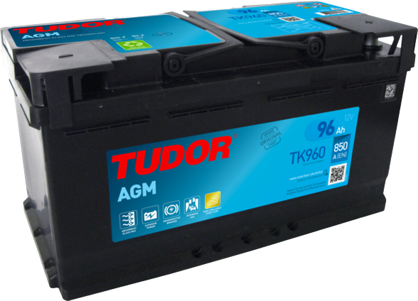 Bateria automóvel preta TUDOR AGM com etiqueta azul e texto vermelho e branco
