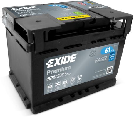 Bateria automotiva preta Exide Premium EA612 com rótulo cinza e detalhes azuis e amarelos