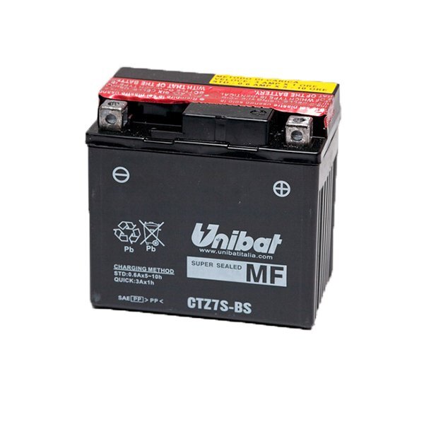 Bateria de moto preta Unibat modelo CTZ7S-BS com etiquetas vermelhas e amarelas