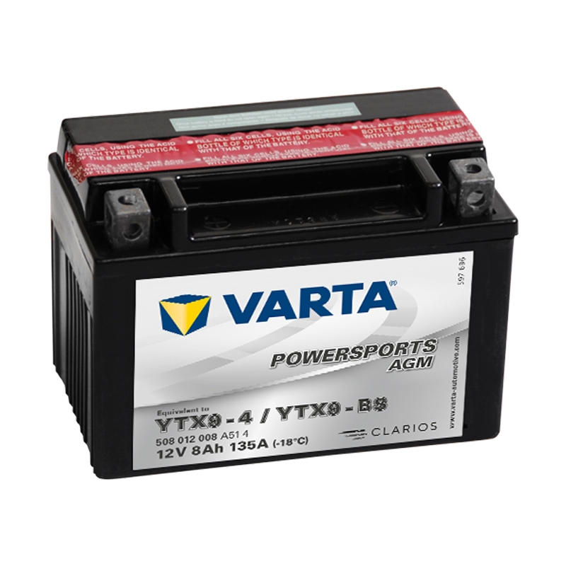 Bateria preta Varta Powersports AGM com etiqueta branca e texto azul, cinza e preto.