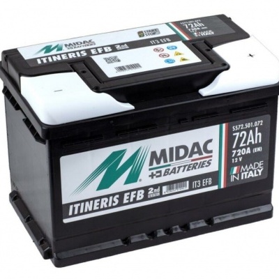 Bateria automóvel MIDAC ITINERIS EFB 72Ah preta e branca